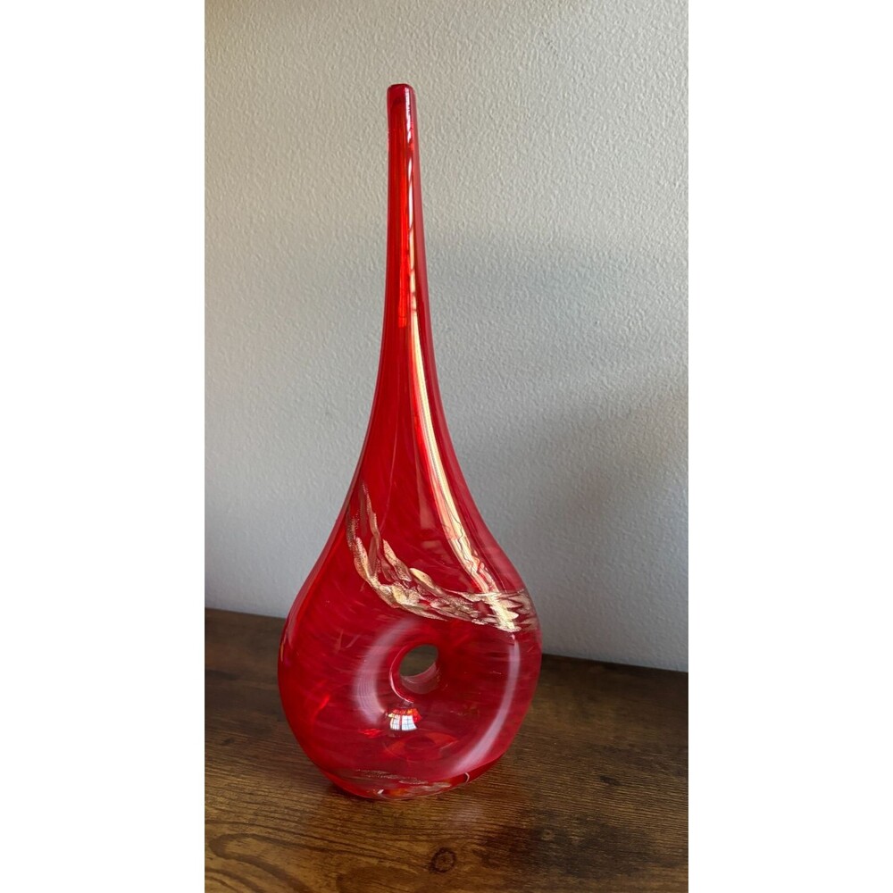Beautiful Red Orange Murano Style Hand Blown Art Glass Vase - Signed